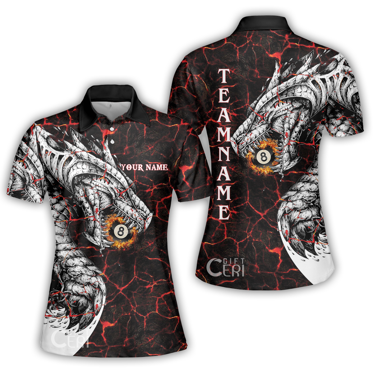 Customized Billiards Women Polo Shirt, Magma Pattern And Dragon 8 Ball Jersey