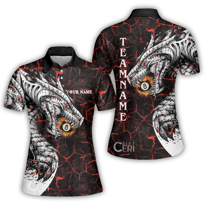 Customized Billiards Women Polo Shirt, Magma Pattern And Dragon 8 Ball Jersey