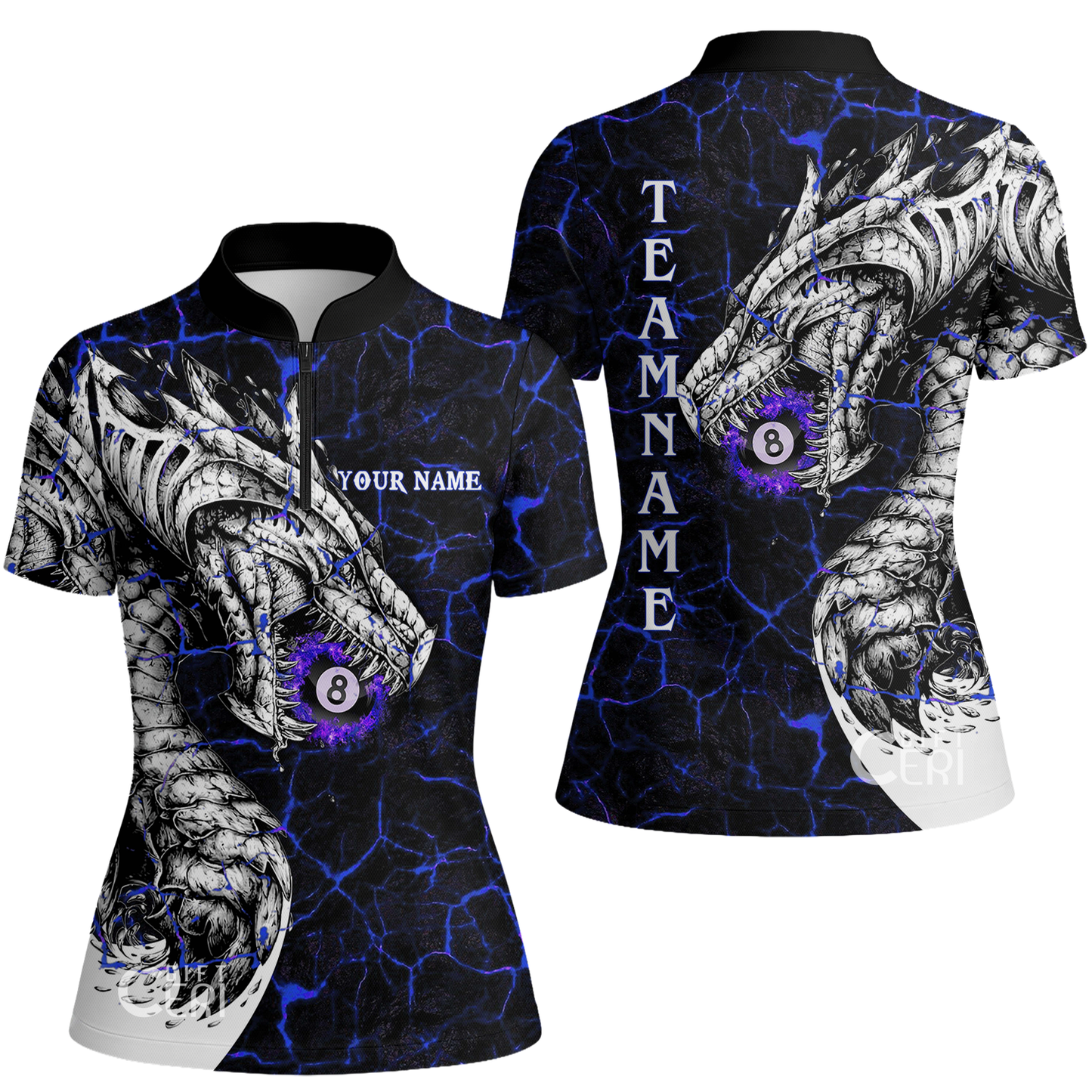 Customized Billiards Stand Collar Quarter Zip Short Sleeve Women's Shirt, Magma Pattern And Dragon 8 Ball Jersey