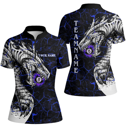 Customized Billiards Stand Collar Quarter Zip Short Sleeve Women's Shirt, Magma Pattern And Dragon 8 Ball Jersey
