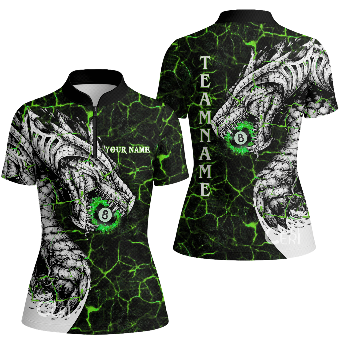 Customized Billiards Stand Collar Quarter Zip Short Sleeve Women's Shirt, Magma Pattern And Dragon 8 Ball Jersey