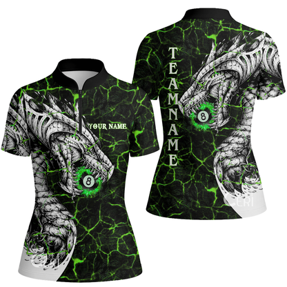 Customized Billiards Stand Collar Quarter Zip Short Sleeve Women's Shirt, Magma Pattern And Dragon 8 Ball Jersey