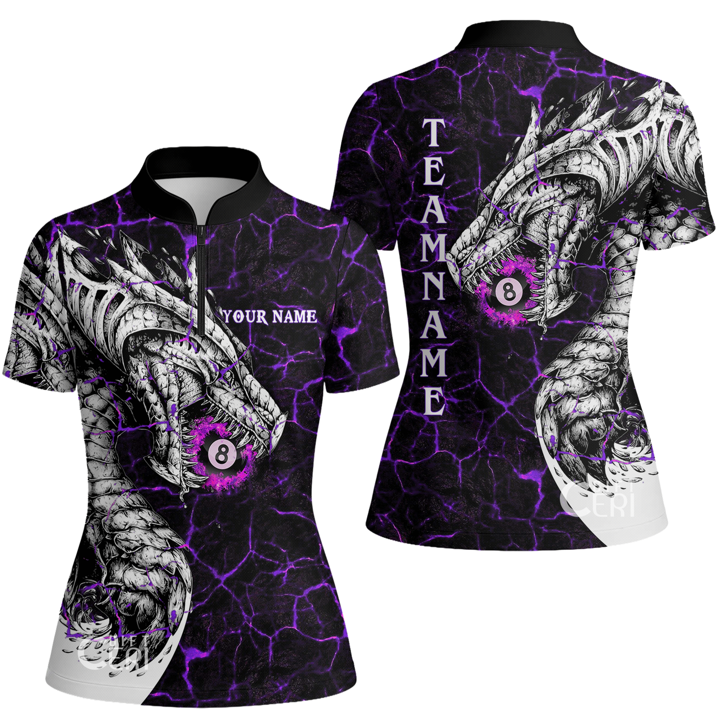 Customized Billiards Stand Collar Quarter Zip Short Sleeve Women's Shirt, Magma Pattern And Dragon 8 Ball Jersey