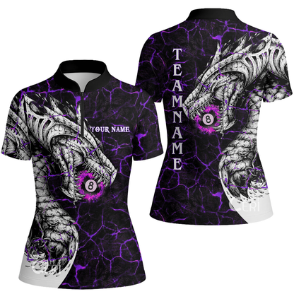 Customized Billiards Stand Collar Quarter Zip Short Sleeve Women's Shirt, Magma Pattern And Dragon 8 Ball Jersey