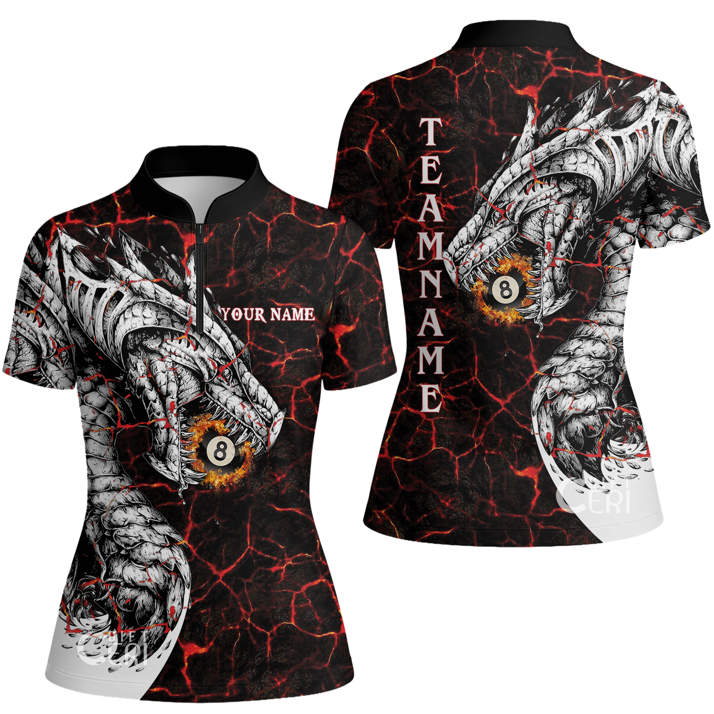 Customized Billiards Stand Collar Quarter Zip Short Sleeve Women's Shirt, Magma Pattern And Dragon 8 Ball Jersey