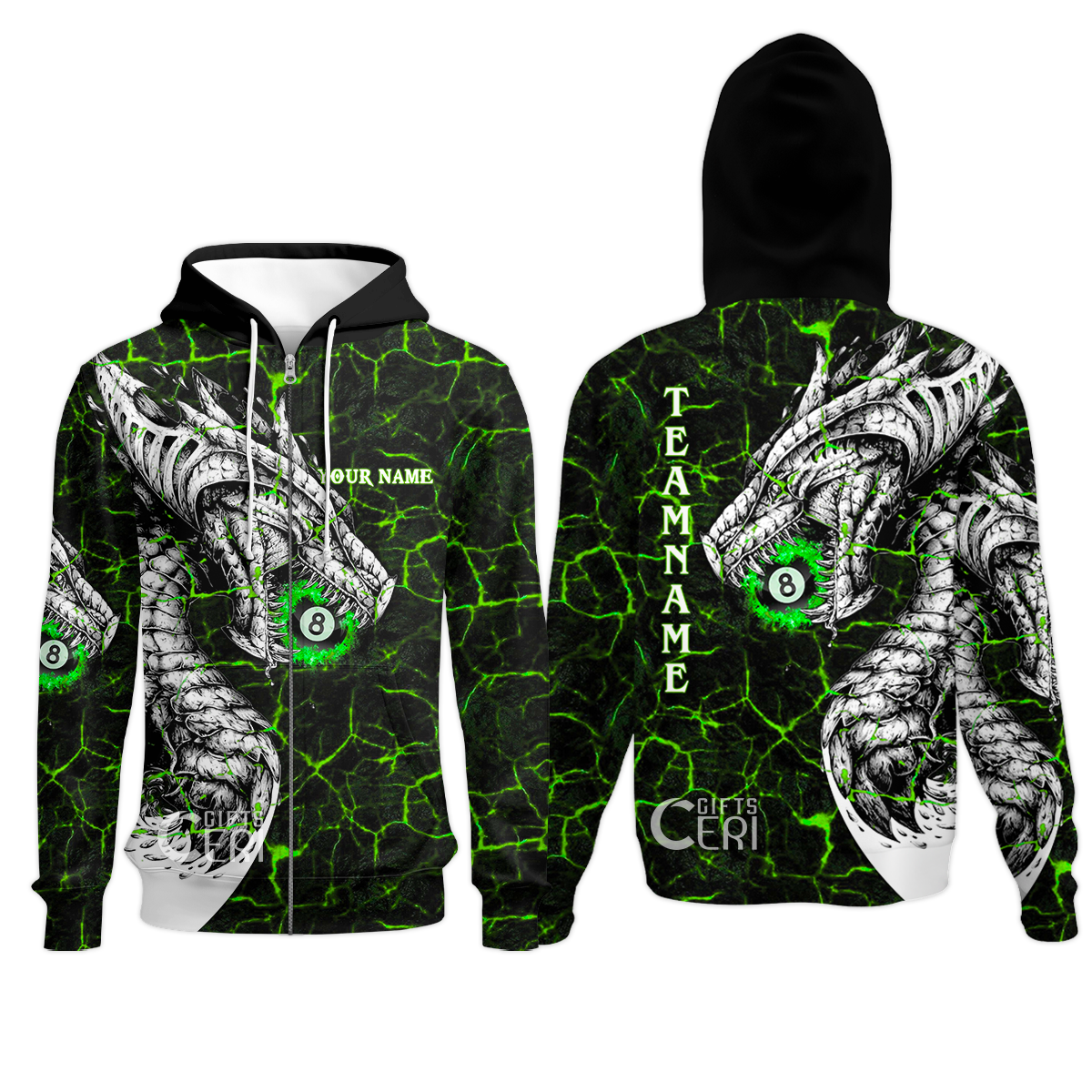 Customized Billiards Zip Hoodies, Magma Pattern And Dragon 8 Ball Jersey