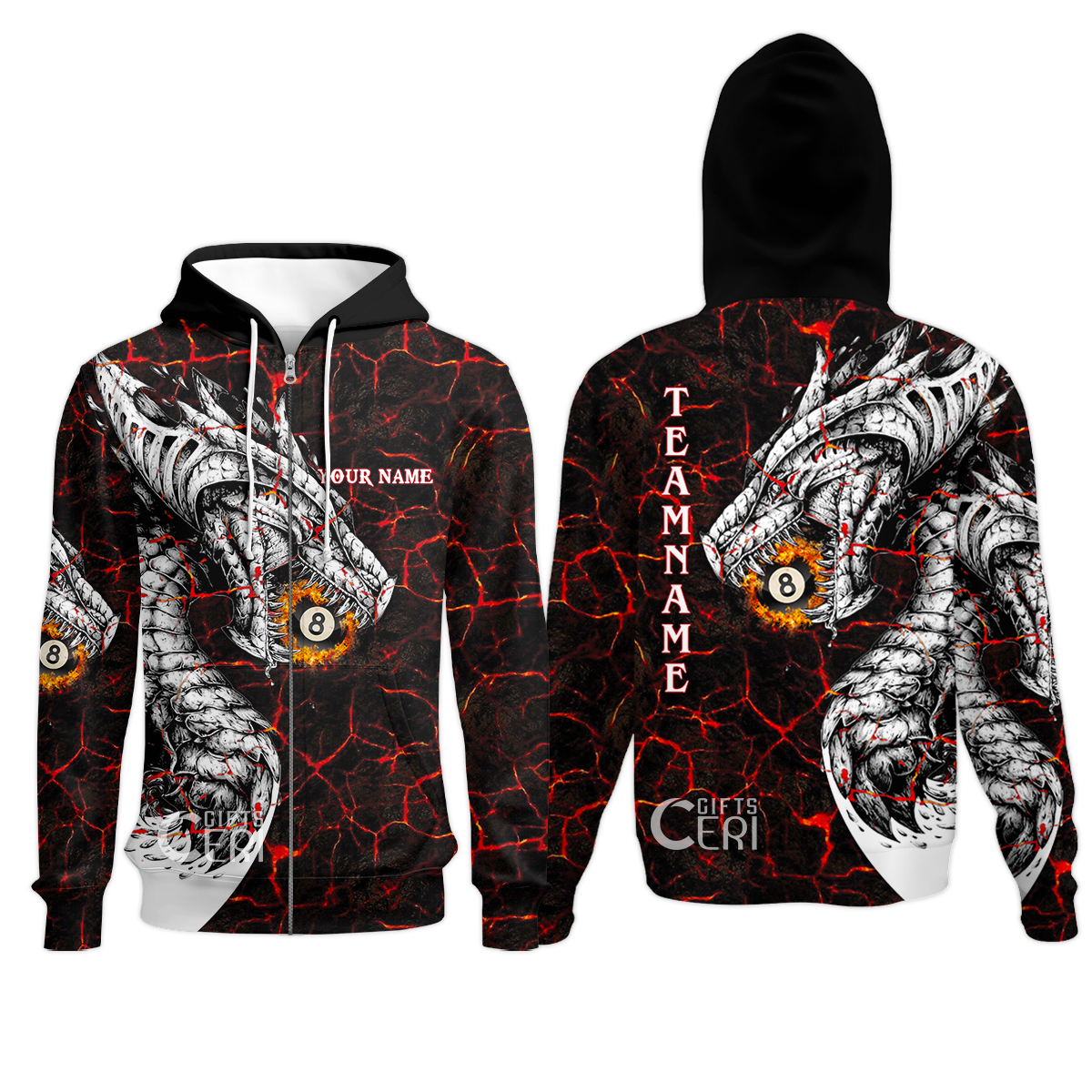 Customized Billiards Zip Hoodies, Magma Pattern And Dragon 8 Ball Jersey