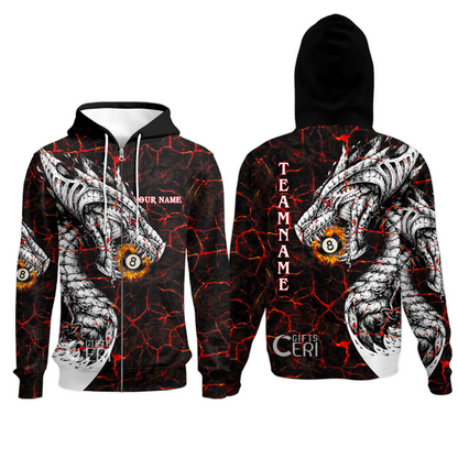 Customized Billiards Zip Hoodies, Magma Pattern And Dragon 8 Ball Jersey