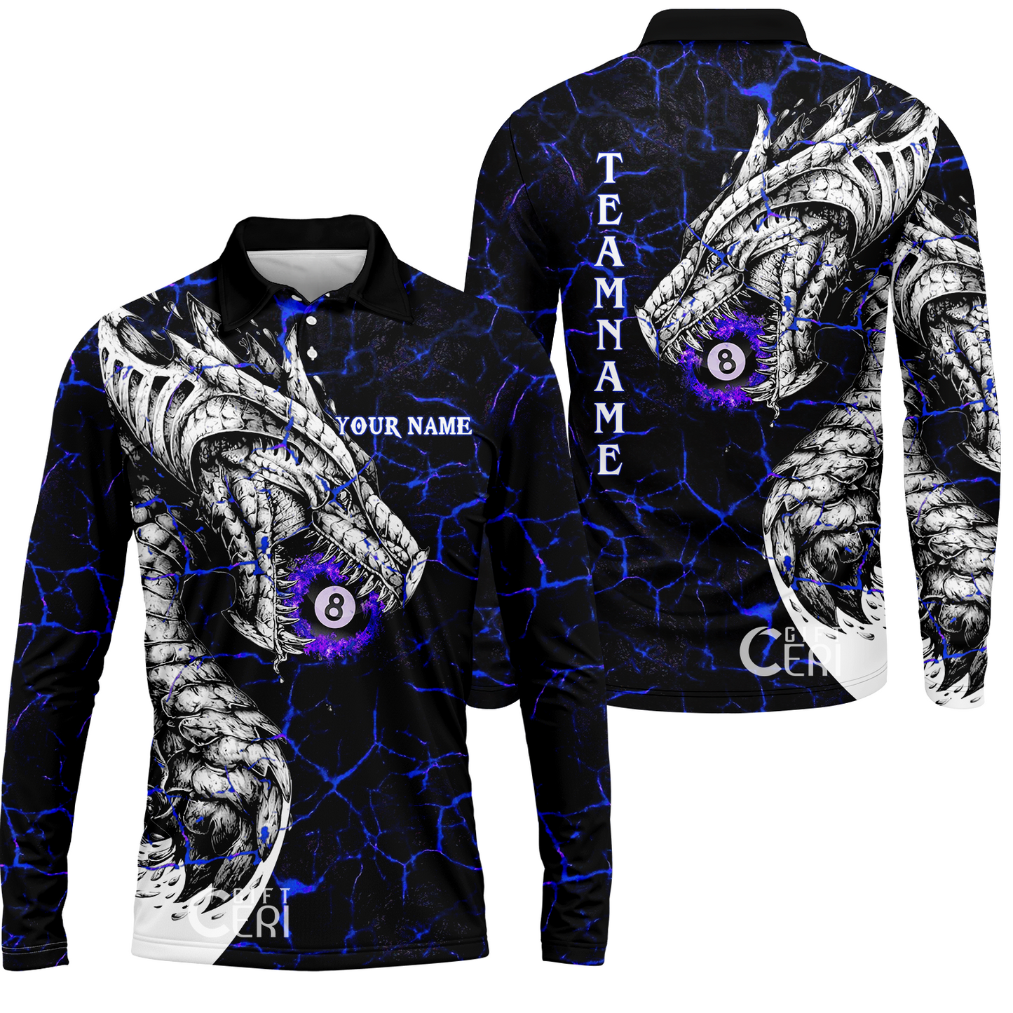 Customized Billiards Long Sleeve Polo Shirt, Magma Pattern And Dragon 8 Ball Jersey