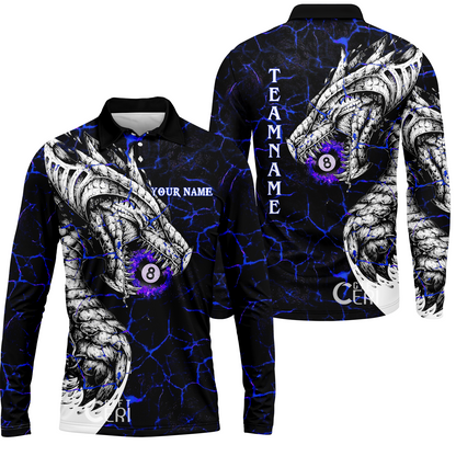Customized Billiards Long Sleeve Polo Shirt, Magma Pattern And Dragon 8 Ball Jersey