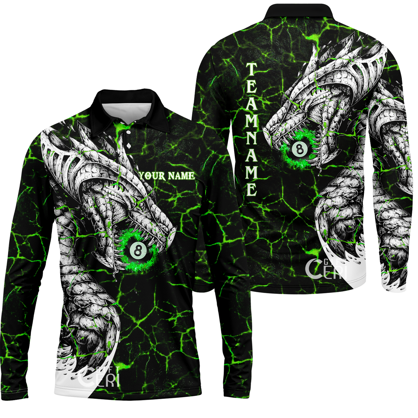 Customized Billiards Long Sleeve Polo Shirt, Magma Pattern And Dragon 8 Ball Jersey