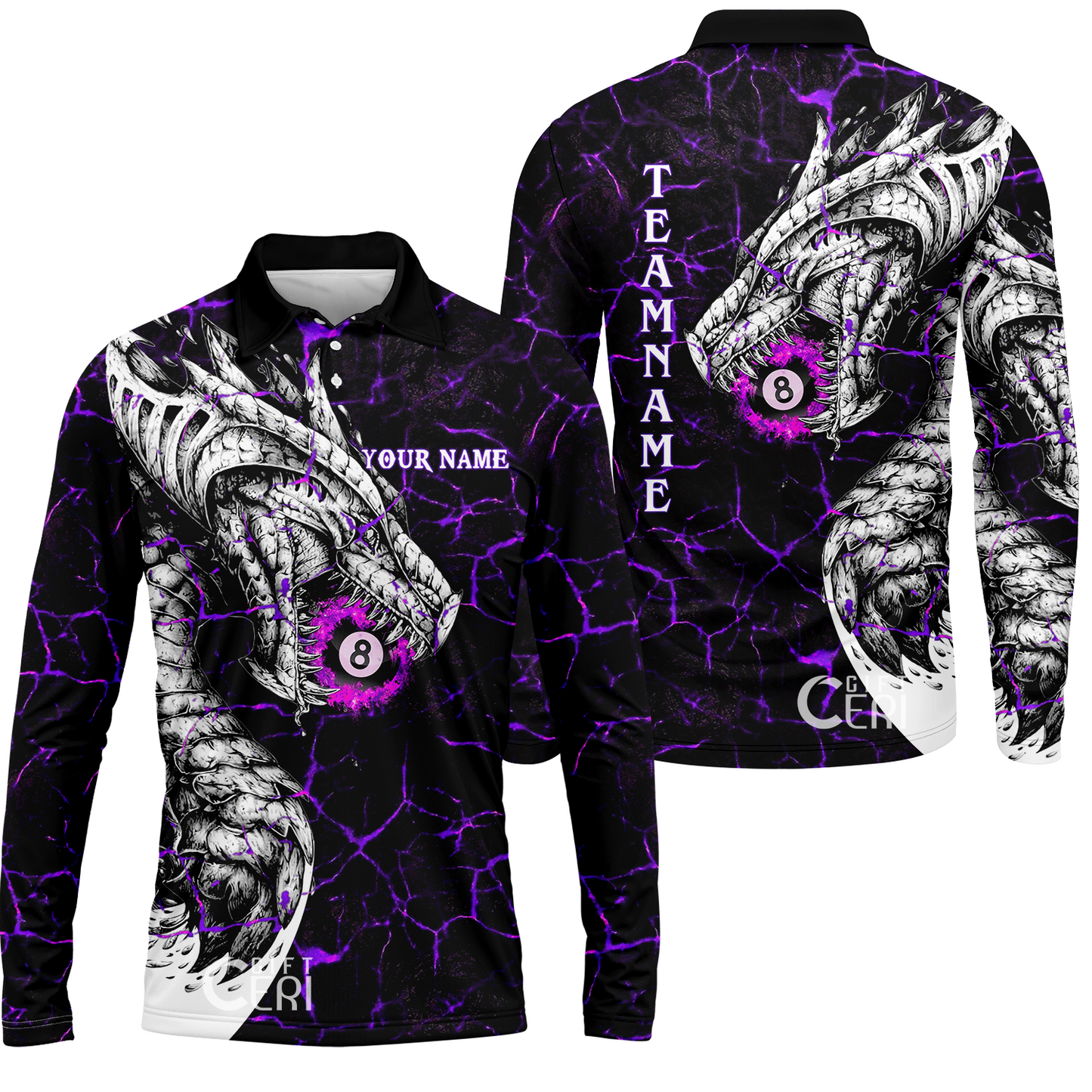 Customized Billiards Long Sleeve Polo Shirt, Magma Pattern And Dragon 8 Ball Jersey