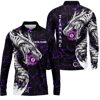 Customized Billiards Long Sleeve Polo Shirt, Magma Pattern And Dragon 8 Ball Jersey