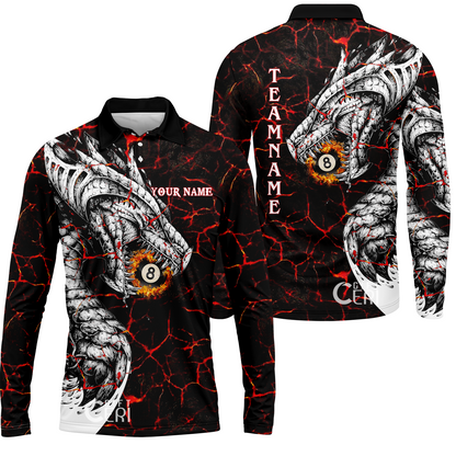 Customized Billiards Long Sleeve Polo Shirt, Magma Pattern And Dragon 8 Ball Jersey