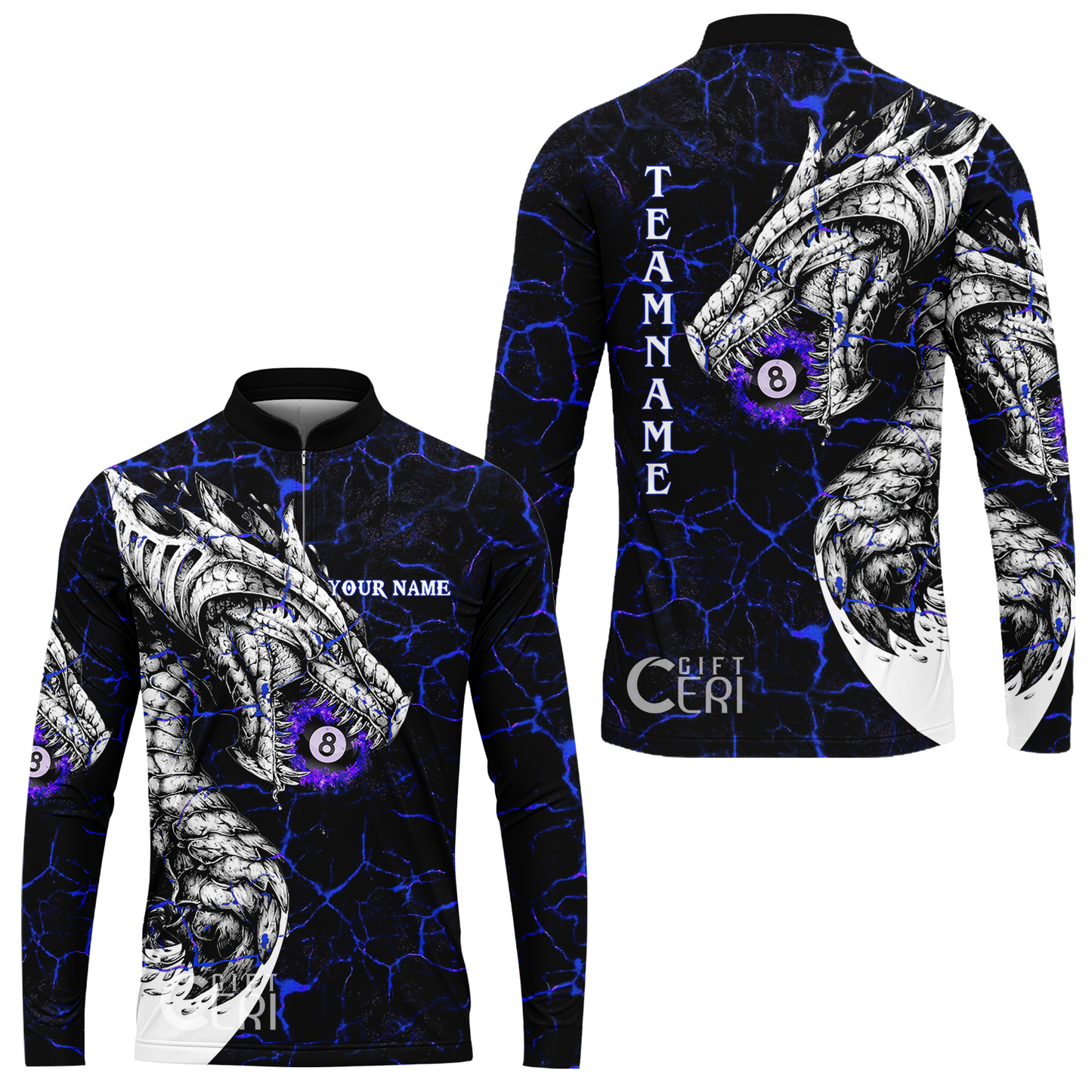 Customized Billiards Stand Collar Quarter-Zip Long Sleeve Jersey, Magma Pattern And Dragon 8 Ball Jersey