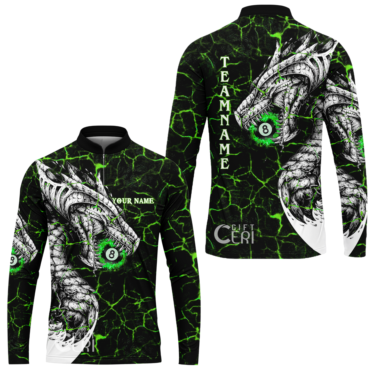 Customized Billiards Stand Collar Quarter-Zip Long Sleeve Jersey, Magma Pattern And Dragon 8 Ball Jersey