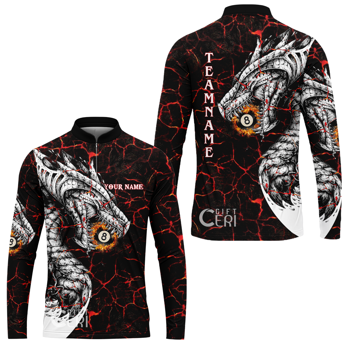 Customized Billiards Stand Collar Quarter-Zip Long Sleeve Jersey, Magma Pattern And Dragon 8 Ball Jersey