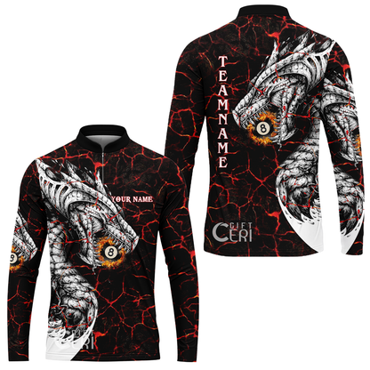 Customized Billiards Stand Collar Quarter-Zip Long Sleeve Jersey, Magma Pattern And Dragon 8 Ball Jersey