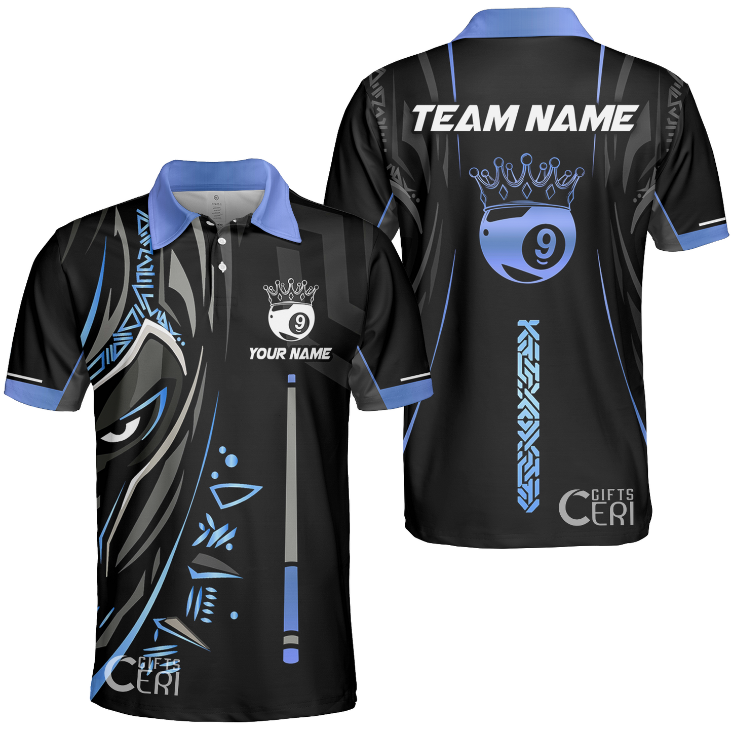 Customized Billiards Unisex Polo Shirt, Black Panther With Snooker Cue and Crown 9 Ball Pool Jersey