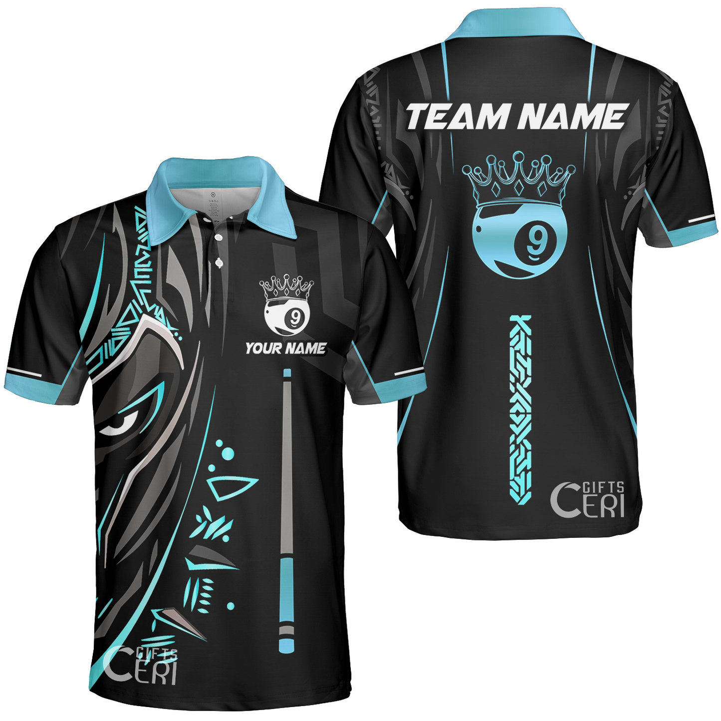 Customized Billiards Unisex Polo Shirt, Black Panther With Snooker Cue and Crown 9 Ball Pool Jersey