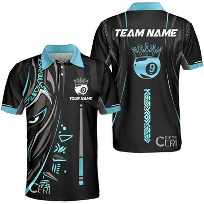 Customized Billiards Unisex Polo Shirt, Black Panther With Snooker Cue and Crown 9 Ball Pool Jersey