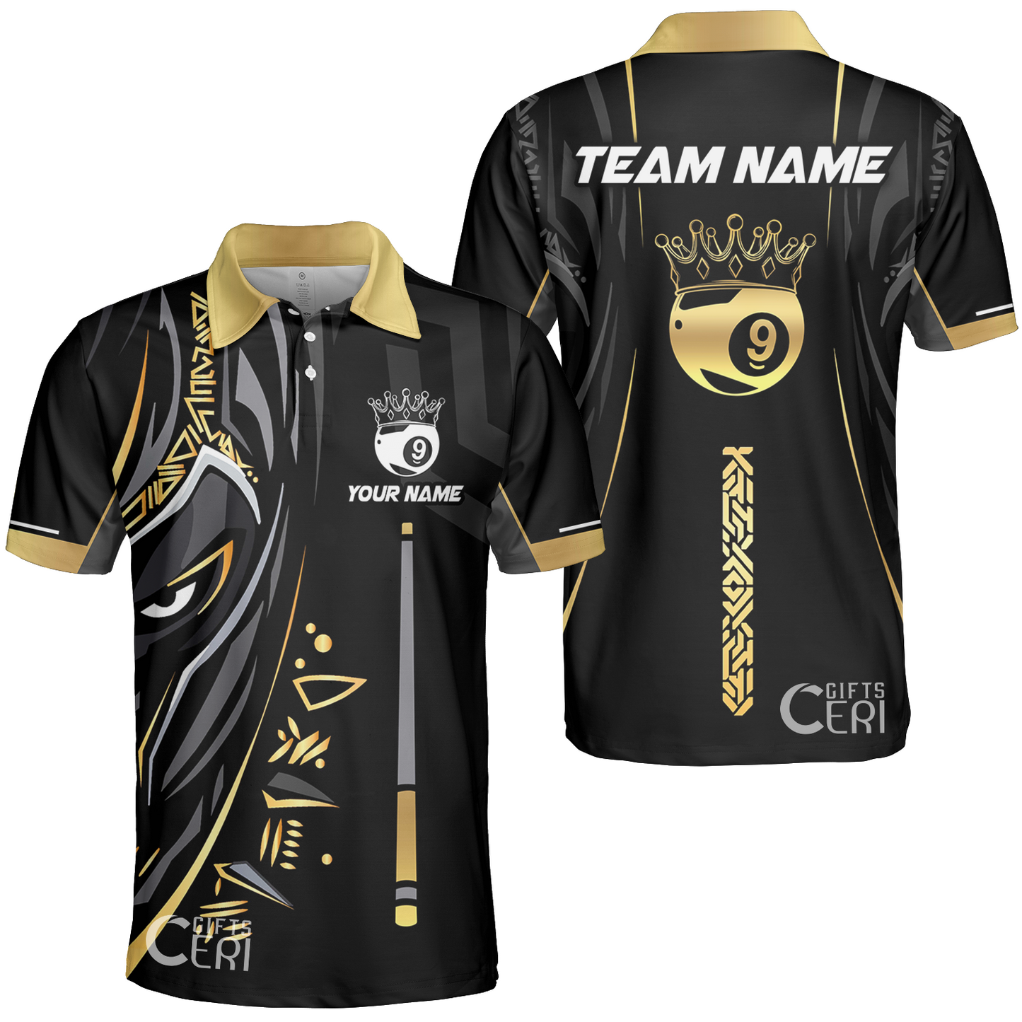 Customized Billiards Unisex Polo Shirt, Black Panther With Snooker Cue and Crown 9 Ball Pool Jersey