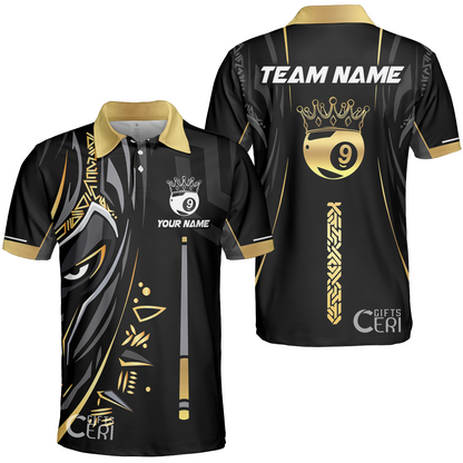 Customized Billiards Unisex Polo Shirt, Black Panther With Snooker Cue and Crown 9 Ball Pool Jersey