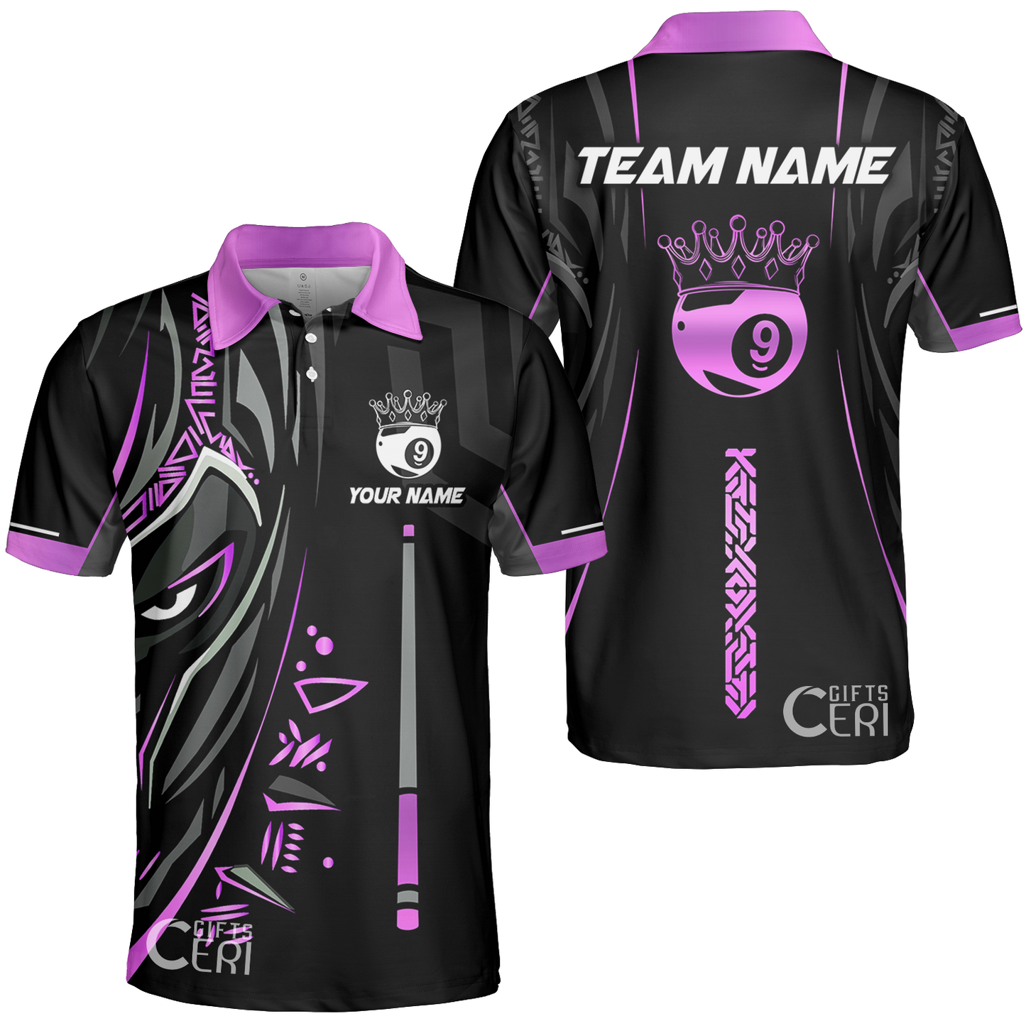 Customized Billiards Unisex Polo Shirt, Black Panther With Snooker Cue and Crown 9 Ball Pool Jersey