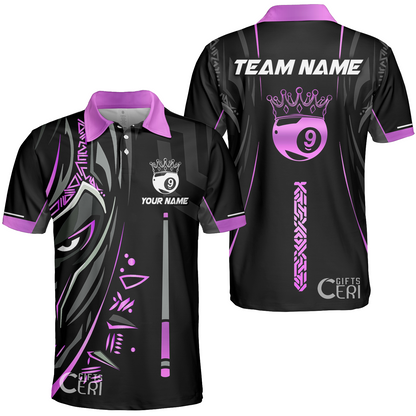 Customized Billiards Unisex Polo Shirt, Black Panther With Snooker Cue and Crown 9 Ball Pool Jersey