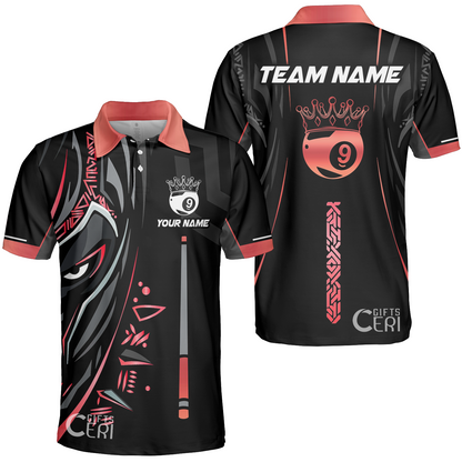 Customized Billiards Unisex Polo Shirt, Black Panther With Snooker Cue and Crown 9 Ball Pool Jersey