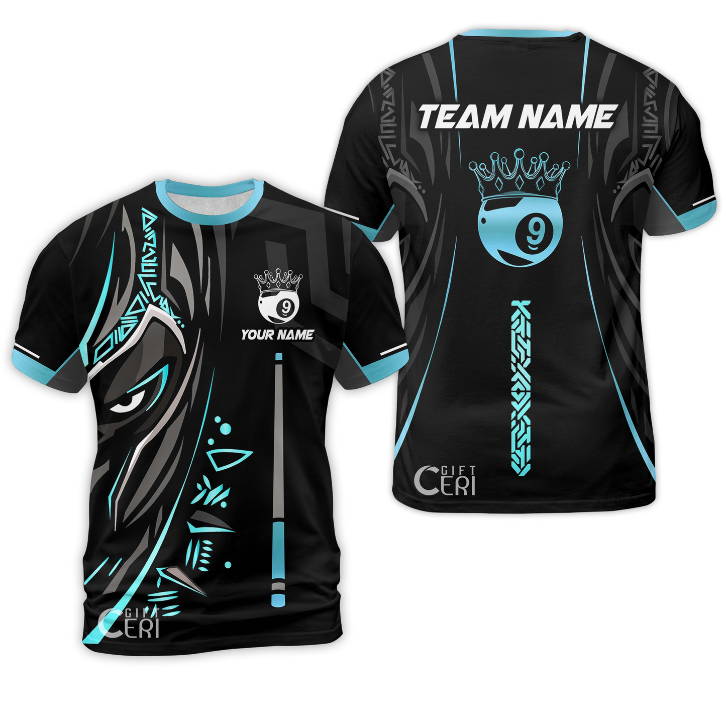 Customized Billiards T-Shirt, Black Panther With Snooker Cue and Crown 9 Ball Pool Jersey