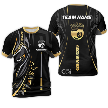 Customized Billiards T-Shirt, Black Panther With Snooker Cue and Crown 9 Ball Pool Jersey