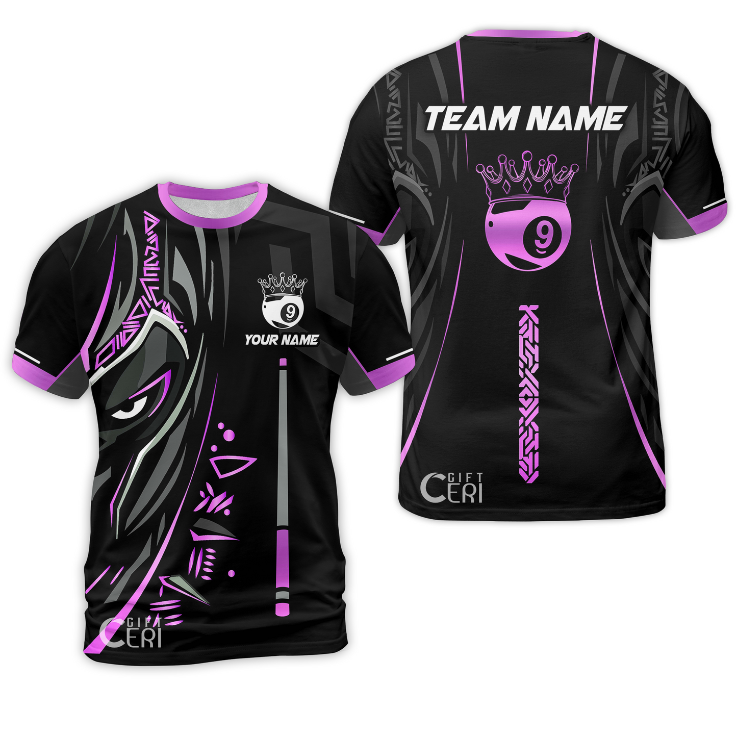 Customized Billiards T-Shirt, Black Panther With Snooker Cue and Crown 9 Ball Pool Jersey