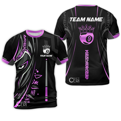 Customized Billiards T-Shirt, Black Panther With Snooker Cue and Crown 9 Ball Pool Jersey