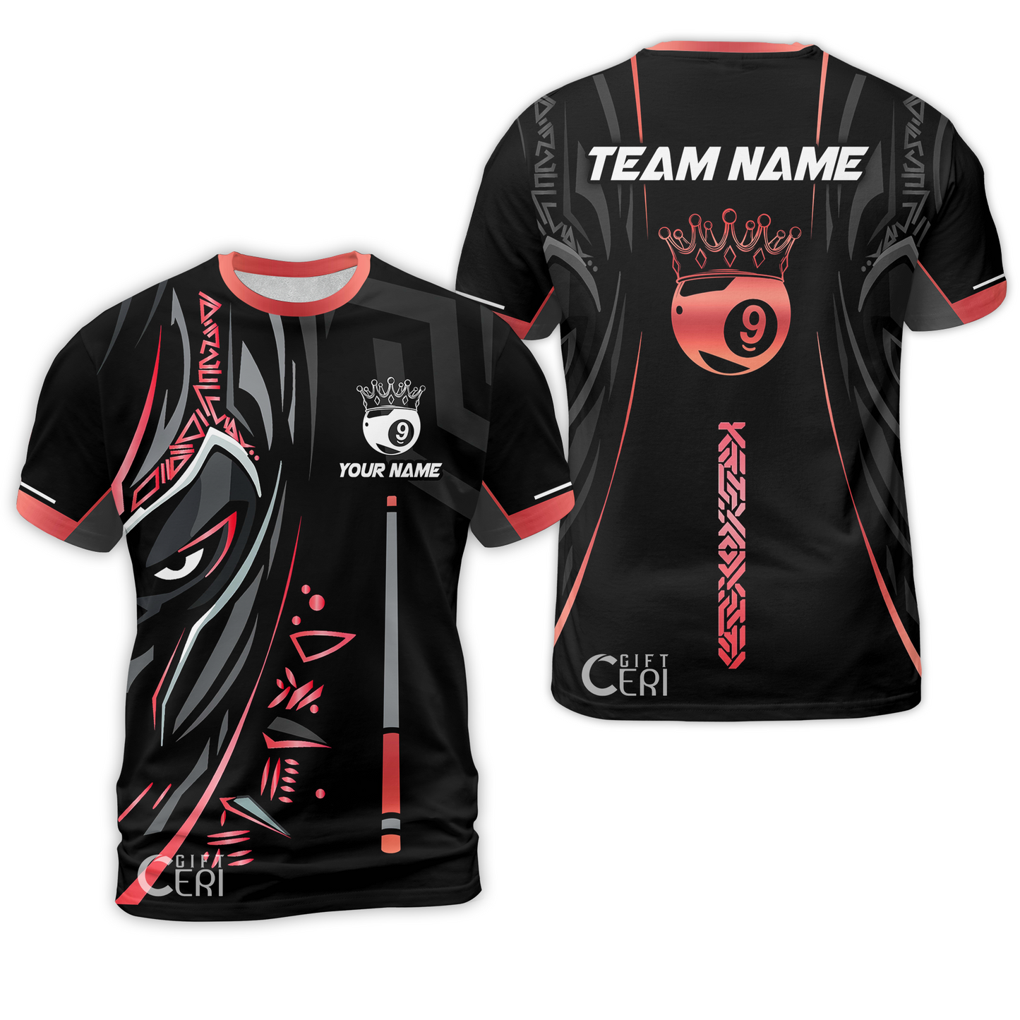 Customized Billiards T-Shirt, Black Panther With Snooker Cue and Crown 9 Ball Pool Jersey