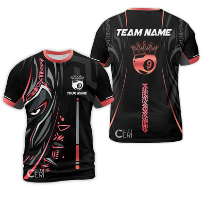 Customized Billiards T-Shirt, Black Panther With Snooker Cue and Crown 9 Ball Pool Jersey