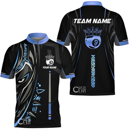 Customized Billiards Stand Collar Quarter-Zip Short Sleeve Jersey, Black Panther With Snooker Cue Crown 9 Ball Pool Jersey