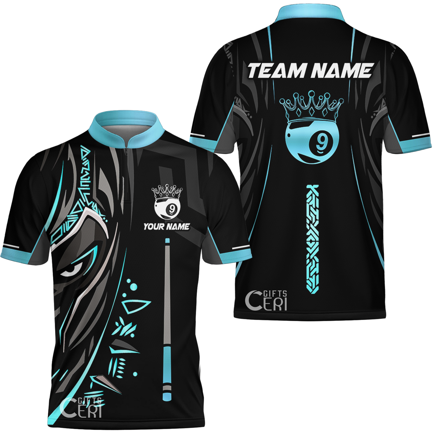 Customized Billiards Stand Collar Quarter-Zip Short Sleeve Jersey, Black Panther With Snooker Cue Crown 9 Ball Pool Jersey