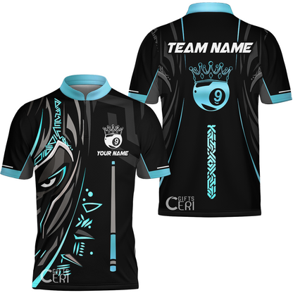 Customized Billiards Stand Collar Quarter-Zip Short Sleeve Jersey, Black Panther With Snooker Cue Crown 9 Ball Pool Jersey