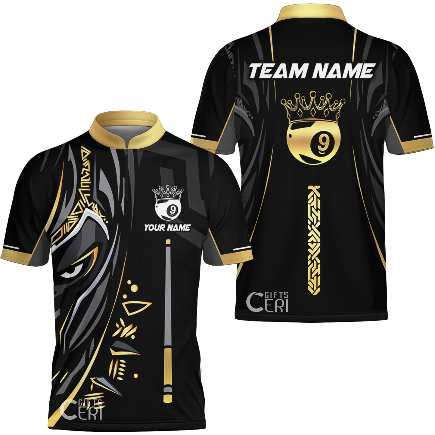 Customized Billiards Stand Collar Quarter-Zip Short Sleeve Jersey, Black Panther With Snooker Cue Crown 9 Ball Pool Jersey