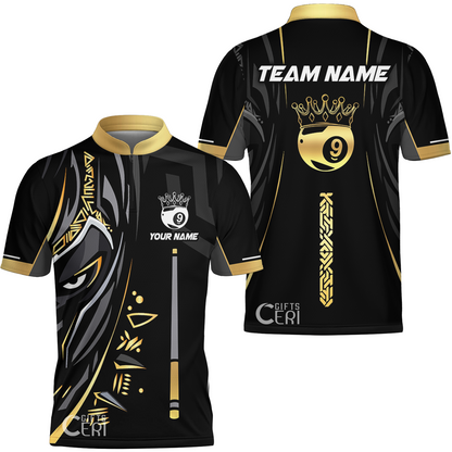 Customized Billiards Stand Collar Quarter-Zip Short Sleeve Jersey, Black Panther With Snooker Cue Crown 9 Ball Pool Jersey
