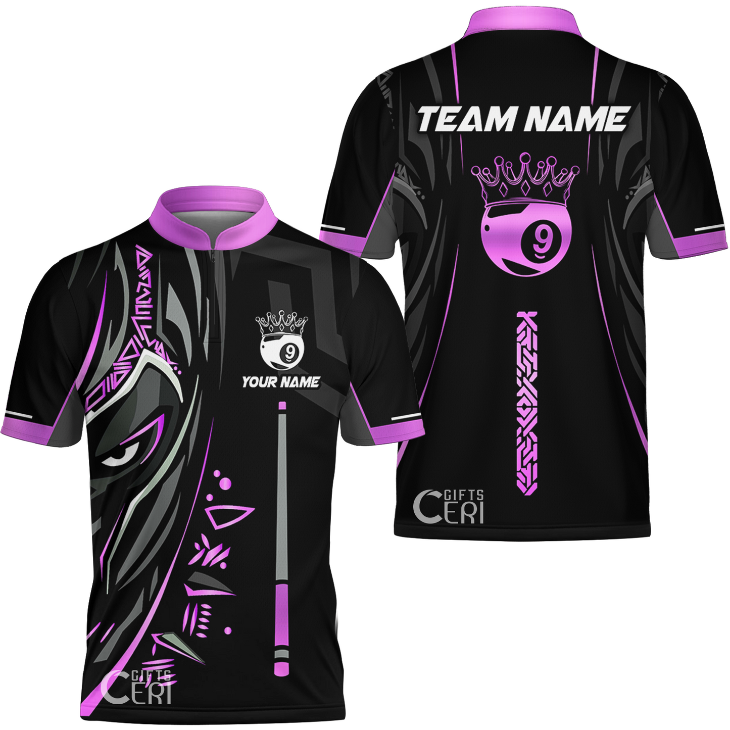 Customized Billiards Stand Collar Quarter-Zip Short Sleeve Jersey, Black Panther With Snooker Cue Crown 9 Ball Pool Jersey