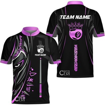 Customized Billiards Stand Collar Quarter-Zip Short Sleeve Jersey, Black Panther With Snooker Cue Crown 9 Ball Pool Jersey