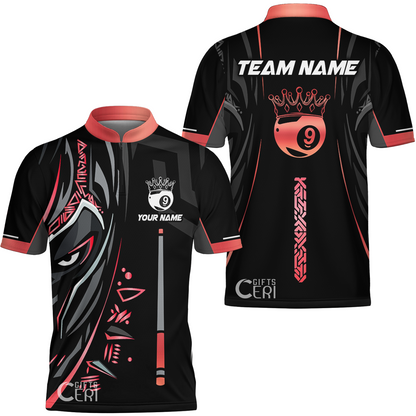 Customized Billiards Stand Collar Quarter-Zip Short Sleeve Jersey, Black Panther With Snooker Cue Crown 9 Ball Pool Jersey