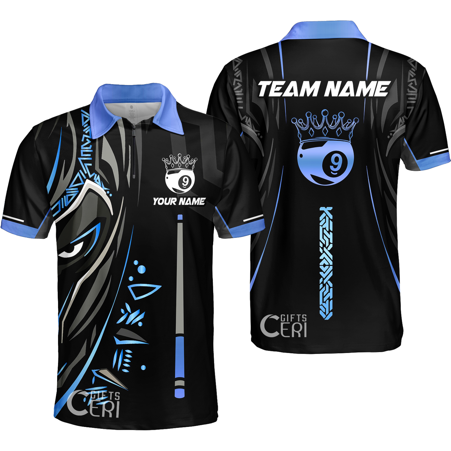 Customized Billiards Quarter-Zip Polo Shirt, Black Panther With Snooker Cue and Crown 9 Ball Pool Jersey