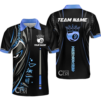 Customized Billiards Quarter-Zip Polo Shirt, Black Panther With Snooker Cue and Crown 9 Ball Pool Jersey