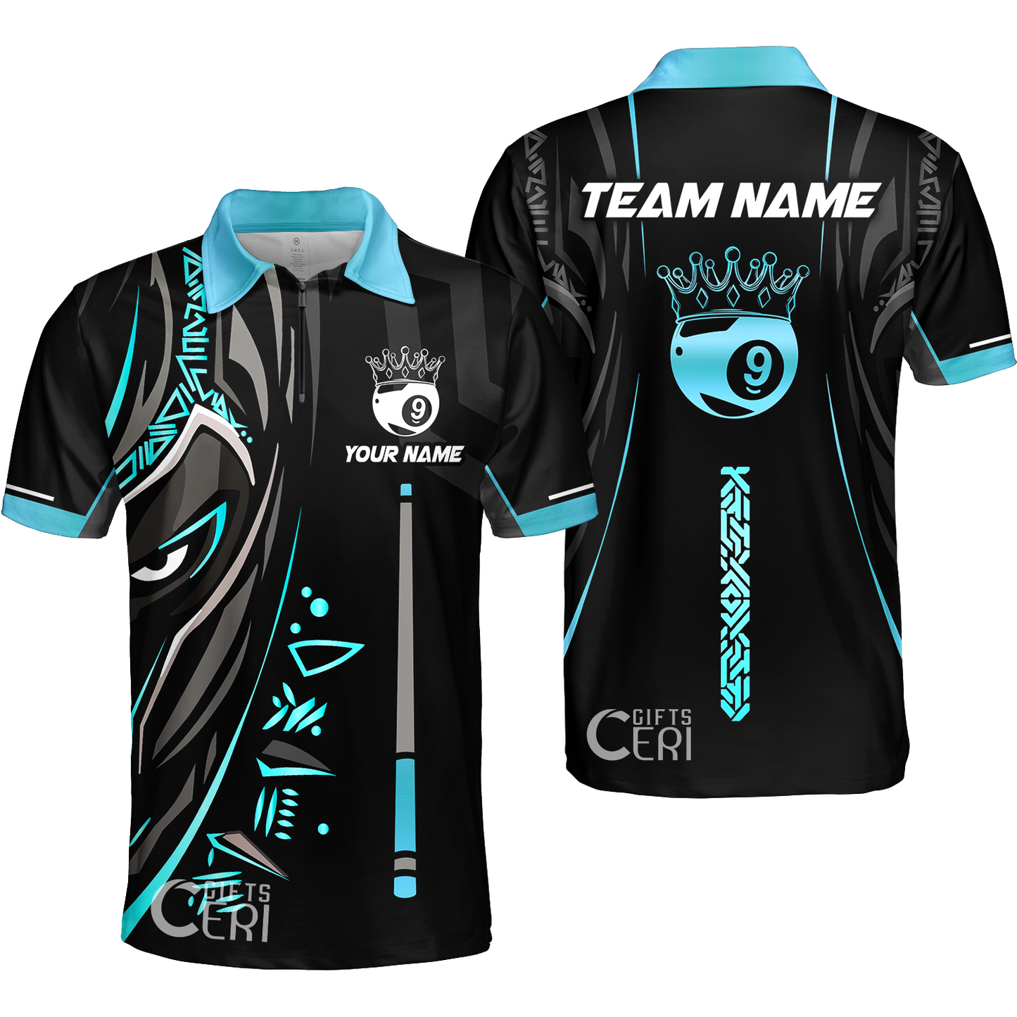 Customized Billiards Quarter-Zip Polo Shirt, Black Panther With Snooker Cue and Crown 9 Ball Pool Jersey