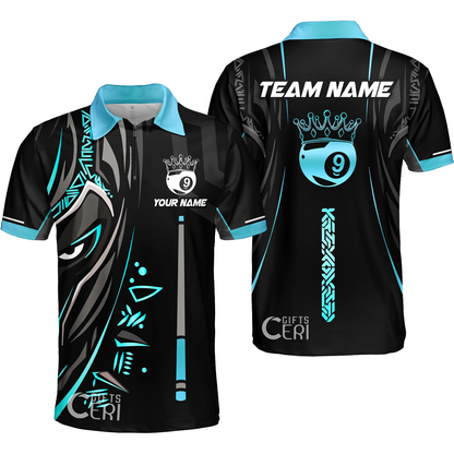 Customized Billiards Quarter-Zip Polo Shirt, Black Panther With Snooker Cue and Crown 9 Ball Pool Jersey