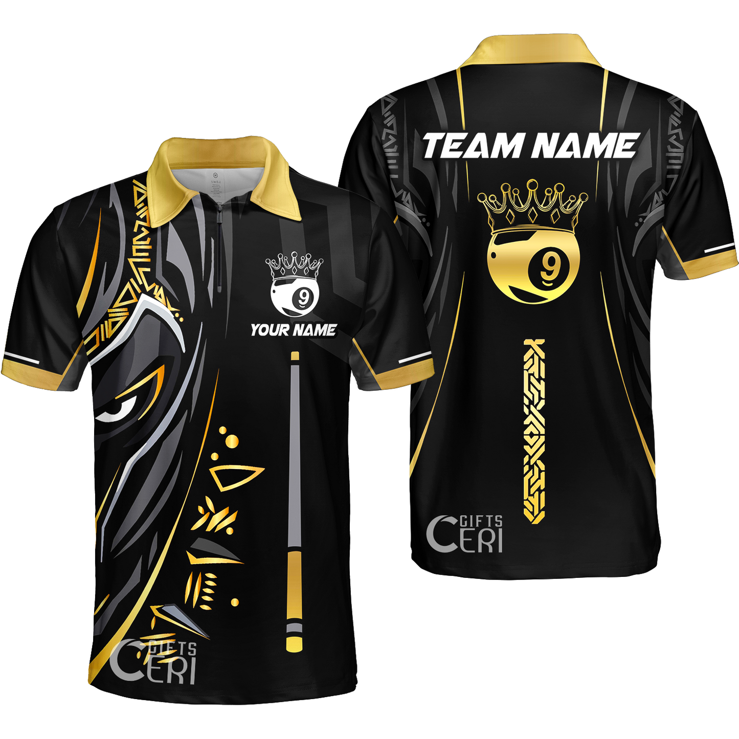 Customized Billiards Quarter-Zip Polo Shirt, Black Panther With Snooker Cue and Crown 9 Ball Pool Jersey