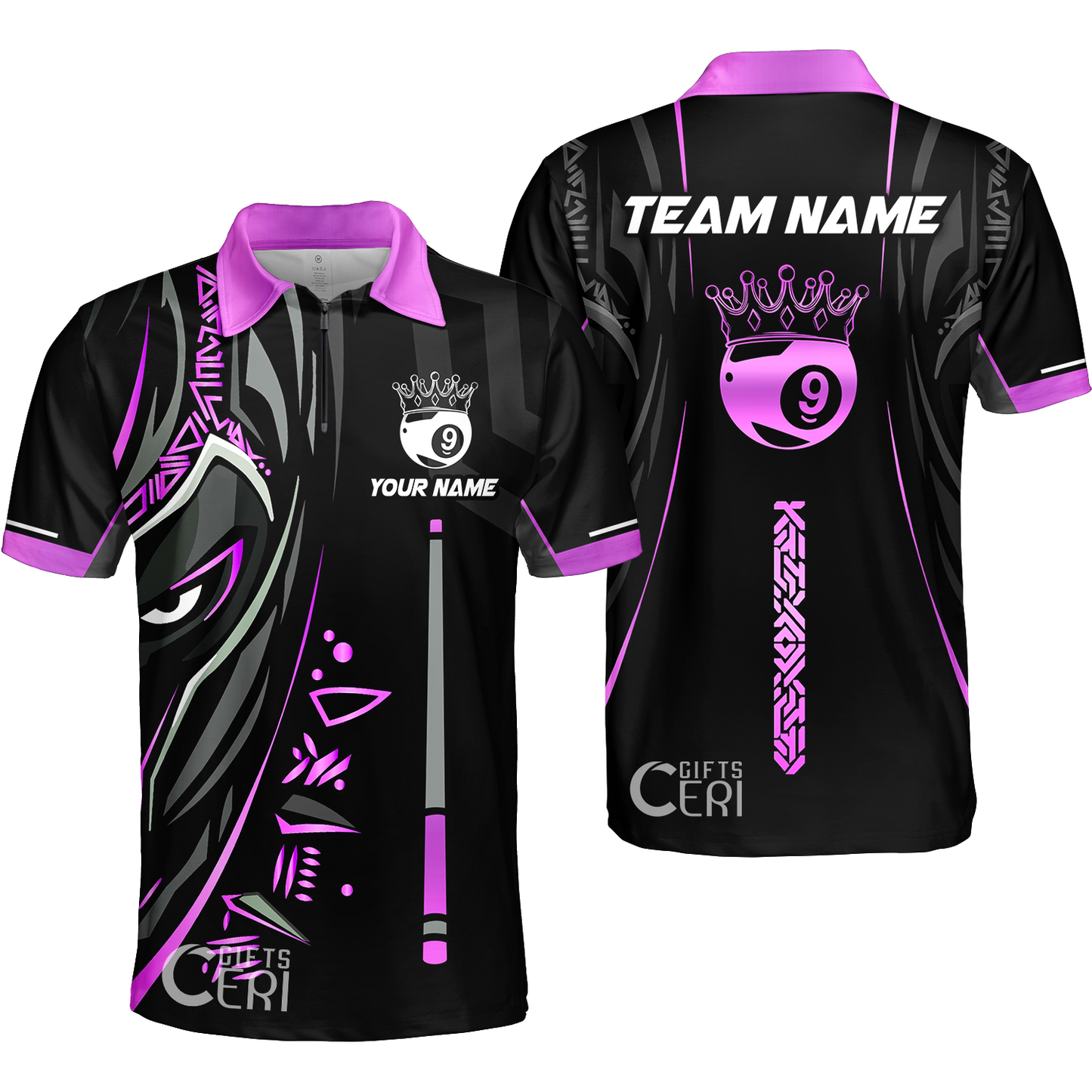 Customized Billiards Quarter-Zip Polo Shirt, Black Panther With Snooker Cue and Crown 9 Ball Pool Jersey